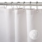 Rideau de Douche Gaufre avec Anneaux en Métal Rideau de Douche Baignoire Anti Moisissure Tissu Rideau Salle de Bain Robuste pour Baignoire Cabine de Douche, Ourlet Lesté - 182x214CM (Blanc)