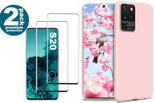 Coque Silicone pour Samsung S20 Etui de Protection Rose Antichoc + 2 Verres Trem