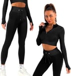 K-MART Gym sets for women 2 piece zip up jacket Workout outfits, Cropped Top, Long Sleeve, Leggings Set for Running, Yoga, Gym, Sports Activity (Black, L)