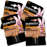 4 x DURACELL Plus 9v PP3 Alkaline Battery Block Smoke Alarm LR22 MN1604 Lasting