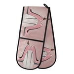 Hunihuni Double Oven Mitts Pink High Heel Butterfly Heat Resistant Quilted Cotton Kitchen Double Gloves for Cooking Baking Grilling Microwave Handling Hot Pots Pans