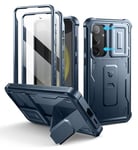 Dexnor pour Coque Samsung Galaxy S24 Plus【Double Cadre Avant et Support】 avec CaméRa Coulissante Intégrée & Protecteur d'écran, Coque de Protection Robuste Résistante Aux Chocs - Bleu Marine