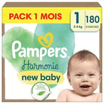 Pampers Harmonie, Taille 1, 180 Couches, 2-5kg, Protection Douce pour la Peau, Ingrédients d’origine végétale en contact avec la peau de bébé, Avec un Emballage Recyclable en Papier, Pack 1 Mois