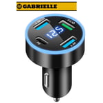 Gabrielle - Chargeur allume-cigare usb c rapide à 4 ports, prise 50W QC3.0&PD&2.4A, chargeur rapide usb avec voltmètre led pour iPhone, Android,