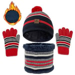 JFAN 3 en 1 Chaud Tricot Bonnet Enfant Hiver Chapeau Echarpe Gants Ensemble Lot de 8 Motifs Rayures Mignonne Multicolore Ski Cap Taille unique Rouge rayé