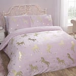 Sleepdown Parure de lit réversible en Flanelle avec Housse de Couette et taie d'oreiller - Motif Licorne et étoiles - 1 Place (135 x 200 cm)