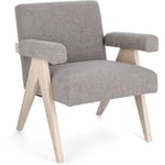 Fauteuil bouclette à accoudoirs et bois naturel - ZAIA