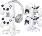 Support Casque Gamer, Porte Casque Rotatif avec 9 Modes de Lumière, Support Manette avec 2 Ports USB, Port 3.5 mm et Type C, Repose Casque & Porte Manette pour PS5 PS4 Xbox Series X One; Blanc