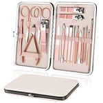 URAQT Kit Manucre Pedicure, 18pcs Ensemble de Coupe-Ongles Professionnel, Coupe-Cuticule en Acier Inoxydable, Kit de Manucure de Pédicure avec Boîte de Voyage et Maison Exquise (Or Rose)