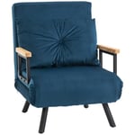 HOMCOM Fauteuil Convertible 3 en 1 chauffeuse lit 1 Place Dossier réglable 5 Positions, accoudoirs en Bois et Coussin, Tissu Effet Velours, Bleu