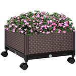 Outsunny upphöjd säng med hjul Mobil växtlåda med dräneringshål, blomkruka i plast, brun, 50x50x33cm|