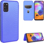 Compatible Avec Coque Samsung Galaxy A31, Mince Flip Fibre De Carbone [Test De Chute] Antichoc Stand Fente Avec Carte, Protecteur D'écran En Verre Trempé*2-Bleu