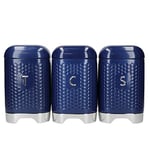 KitchenCraft Lovello Storage Canisters for Tea Coffee and Sugar in Gift Box, Textured Hexagonal Finish, Steel, Midnight Navy