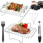 Air Fryer Rack Set 8pcs Compatible with Ninja Air fryer Dual Drawers, Instant Vortex plus, Tower, Cookwise, Other Rectangular Basket (See Details) Stainless Steel Grill Airfryer Accessories,Brush&Tong