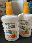 2 X 200ml GARNER AMBRE SOLAIRE KIDS SUN CREAM/LOTION SPRAY SPF50+