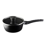 Masterchef Non Stick Saucepan for Induction Hobs 18cm Sauce Pot with Lid for all Cooking Surfaces Swiss Engineered Aluminium Pan with Scratch Resistant, Nonstick Coating, Aluminum, Black