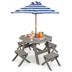 Costway Ensemble Table De Jardin 6 Pcs Avec 4 Tabourets Et Parasol Amovible Pour Enfant 3 Ans+, Table De Pique-Nique En Bois Gris