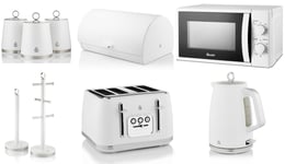 Swan Serenity White Kettle Toaster 700W Microwave & Kitchen Storage Set of 9