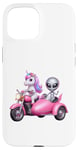 Coque pour iPhone 15 Licorne et extraterrestre OVNI équitation une moto garçons filles femmes