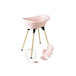 THERMOBABY - Pack Baignoire Bébé VASCO 5 En 1 - Baignoire, Pied En Bois, Tuyau De Vidange, Transat De Bain, Thermomètre - Rose Poudré - Pliable & Stable - Fabriqué En France