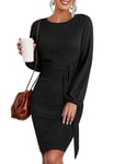 Hotouch Robe Pull Femme Elégant Robe Tricoté Manche Longue Robe Automne Hiver Casual Tunique Jupe Robe Moulante Slim avec Ceinture Chic Noir XL