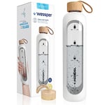 Wessper Bouteille d’eau 1L de Motivation en verre avec temps horaire, Sans BPA, Gourde en verre hermétique 1000 ml avec couvercle en bambou réutilisable avec housse en silicone - Blanc