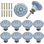 10 Pcs Bouton de Tiroir en Céramique Poignée de Meuble Ronde Gravure Vintage avec Vis - Bleu