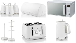 Swan Serenity White Kettle Toaster Digital Microwave & Kitchen Storage Set of 9