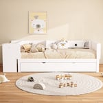 Lit gigogne 90x200cm, avec bureau et 3 étagères, cadre de lit gigogne, sommier à lattes, lit double adulte, style contemporain, Blanc