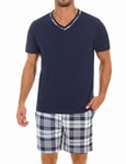 Demegimi Pyjama Homme Été Pyjama Homme Coton Court Ensembles de Pyjama Ete Chemise col V Manches Courtes Pijamas Ensemble Pyjama Estival(Bleu Foncé+Bleu Foncé,XXL)