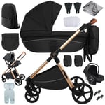 Sianldcone Poussette 3 en 1, Tissus Haut de Gamme Poussette Bebe, Poussoir Bidirectionnel Poussette Avec Cosy, Vision Buverte Poussettes Combinées (H2 Black)