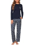 Demegimi Pyjama Femme Hiver Ensemble de Pyjama en Coton et Imprimé Long Pyjama Manches Longues en Col Rond et Pantalons Longs avec Poches Latérales