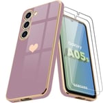 Fodral för Samsung Galaxy A05s (inte för A05), lila stötsäker TPU Silikon Love Heart Mönster pläterad och guld + 2 härdade glasögon