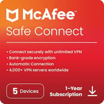 McAfee Safe Connect 2024|Unlimited VP, Internet Security and Privacy Software | 5 Devices | 1 User | 12 Months | Activation Code by email