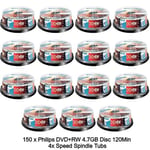 150 Philips DVD+RW 4.7GB Disc 120Min 4x Speed Spindle Tub Rewritable Blank Discs