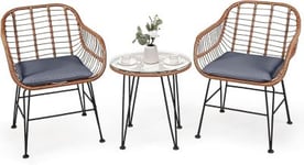 3Pcs Ensemble de Salon de Jardin 2 Fauteuils avec Coussins en Osier et Table Basse en Verre  pour Balcon Cour arrière