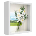 Anhow 3D Cadre Boîte 23x23 cm (9x9 Pouce), 1pcs Cadre 3D Profond avec Vitre Transparente Incassable pour Fleurs, Souvenirs, Diamond Painting - 3cm Profondeur/Blanc