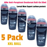 5 Pack,Loreal Men Expert anti Transpirant Deodorant Carbon Protect 5 IN 1 RollOn