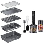 MasterClass Smart Space Stacking Non-Stick Bakeware Set, 7 Piece Baking Trays, Gift Boxed & Russell Hobbs Desire 3 in 1 Electric Hand Blender, Fruit & Veg Mini Chopper & Whisk Attachment