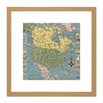 1945 Ernest Dudley Chase Pictorial Map North America 8X8 Inch Square Wooden Framed Wall Art Print Picture with Mount