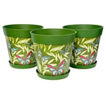 Hum Flowerpots set of 3 plastic, indoor/outdoor plant pots 25cm without drainage holes, and 3 saucers (Green Butterfly Palms)