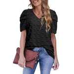 (XXL-Black)Summer Tops Women V Neck Tunic Tops Casual Solid Short Sleeve Puff