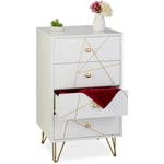 Commode, h x l x p : 86 x 48 x 39 cm, 4 tiroirs, mdf, fer, salon, chambre, couloir, blanche/or - Relaxdays