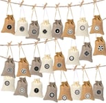 FAGUANG- Advent Calendar 2020 24 Advent Calendars Fabric Bag Christmas Calendar Bags Decoration with Advent Number Stickers Wooden Clips Hemp Rope-Linen + Brown + Beige