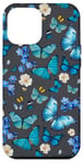 iPhone 12 Pro Max Blue Butterflies on Charcoal Black with Dainty Florals Case