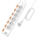 Multiprise Parafoudre avec 6 Prises et PD 20W 1 Port Type-C et 2 Ports USB-A, Multiprise USB avec 7 Interrupteurs Individuels, Multiprise Electrique 3680W/16A, 1050 J, Cordon 3M pour Maison Bureau