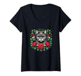 Womens Roses Flowers York Chocolate Cat V-Neck T-Shirt