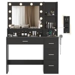 TRIUMPHKEY Coiffeuse avec Miroir LED, Lumières LED Réglables, Table de Maquillage avec Prise et Support pour Sèche-Cheveux, 4 Compartiments Ouverts, 4 Tiroirs, Coiffeuse Moderne pour Rangement Noir