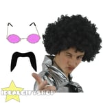 70's Man Set Black Afro Wig Moustache Pink Glasses Disco Fancy Dress 1970's