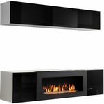 Ensemble de Meubles tv Mur de Rangement Meuble salon Suspendu avec cheminée Modèle Krista 1C Blanc et Noir Finition brillante